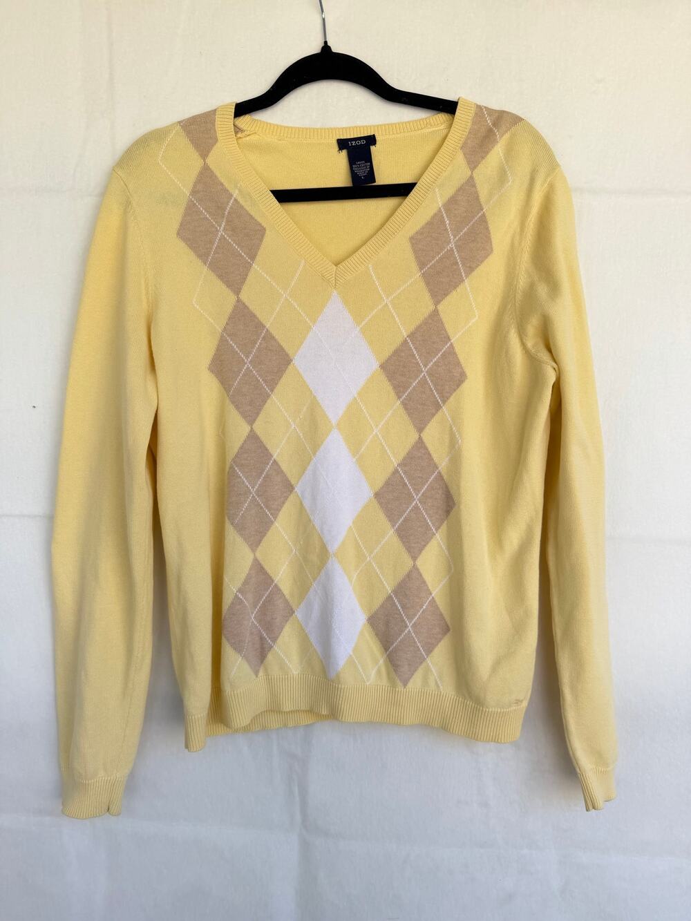 IZOD Yellow Argyle V-Neck 100% Cotton Long Sleeve Sweater Size Large
